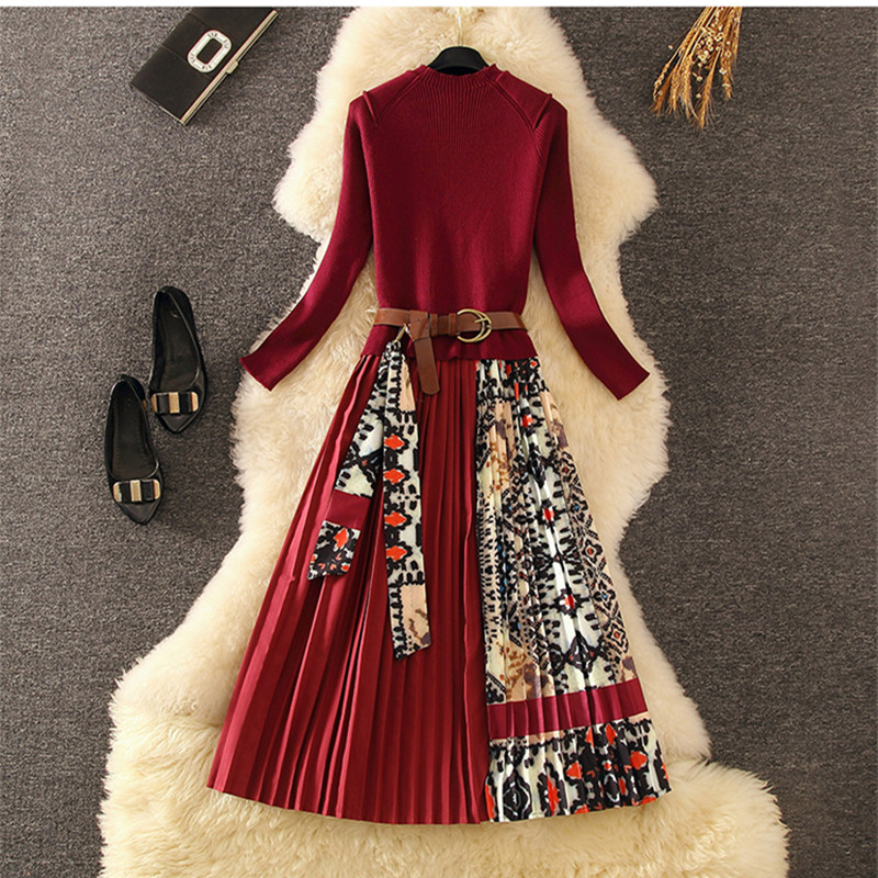 

Elegant Knitted Patchwork Pleated Midi Dress 2021 Fall Winter Fashion Women Long Sleeve Ethnic Retro Printing Pleated Dress, Black