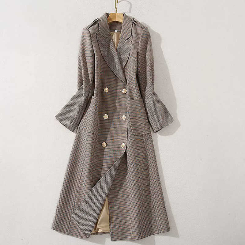 

Sale HIGH QUALITY est Runway Coat Women' Notched Long Sleeve Pockets Lion Buttons Houndstooth Wool coat 210526, Beige