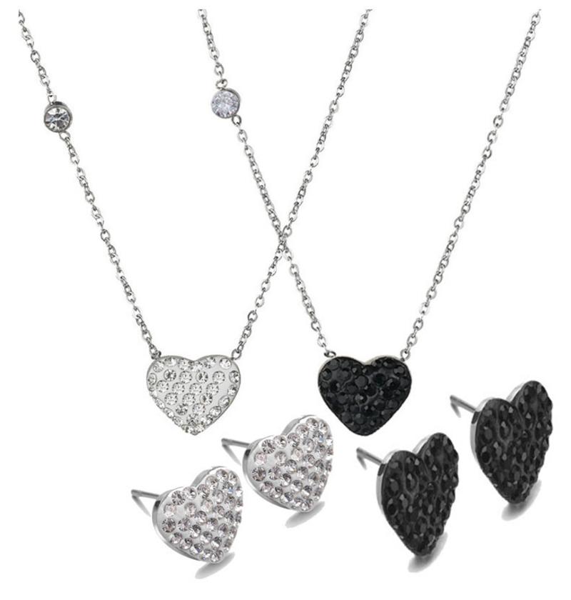 

Earrings & Necklace Simple Titanium Steel Heart-shaped Love Acceptance Female Tide INS Cold Black White CZ Quality, Silver