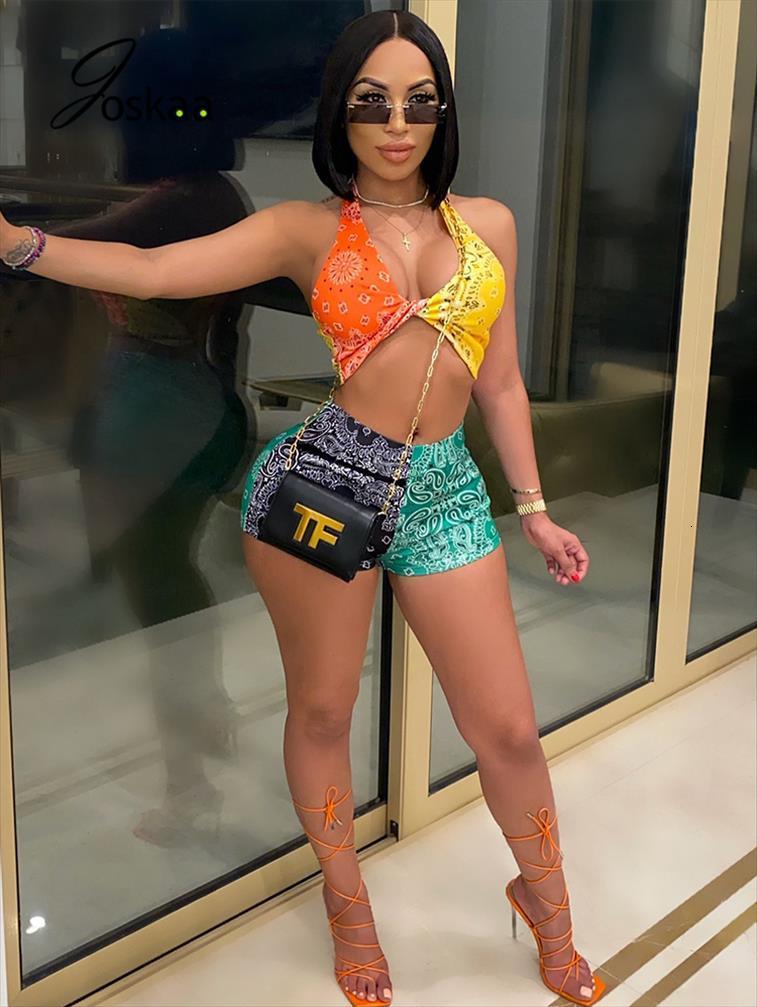 

patchwork stitch color womens tracksuits night club party 2 two piece women backless halter crop and shorts playsuits, Gray