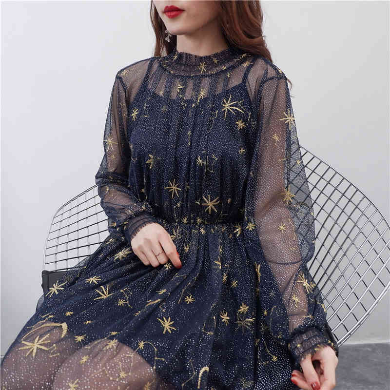 Casual Dresses Spring Elegant Vintage Long Sleeve Stars Embroidery Women Mesh Pleated Maxi vestidos de festa WHUR-image-699555583