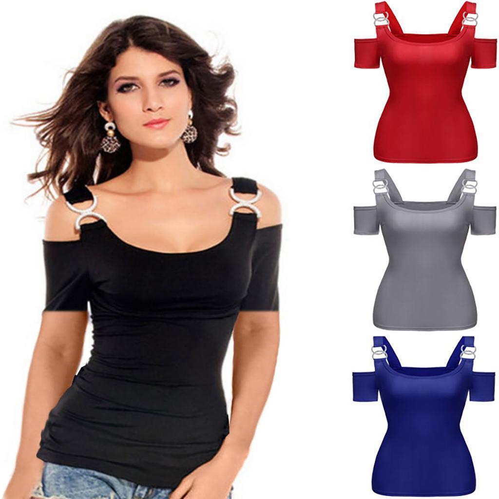 

Solid Off Shoulder Metal Buckle Womens T Shirt Strap Summer Short Sleeve Sexy Female Tees Ropa Mujer, Black