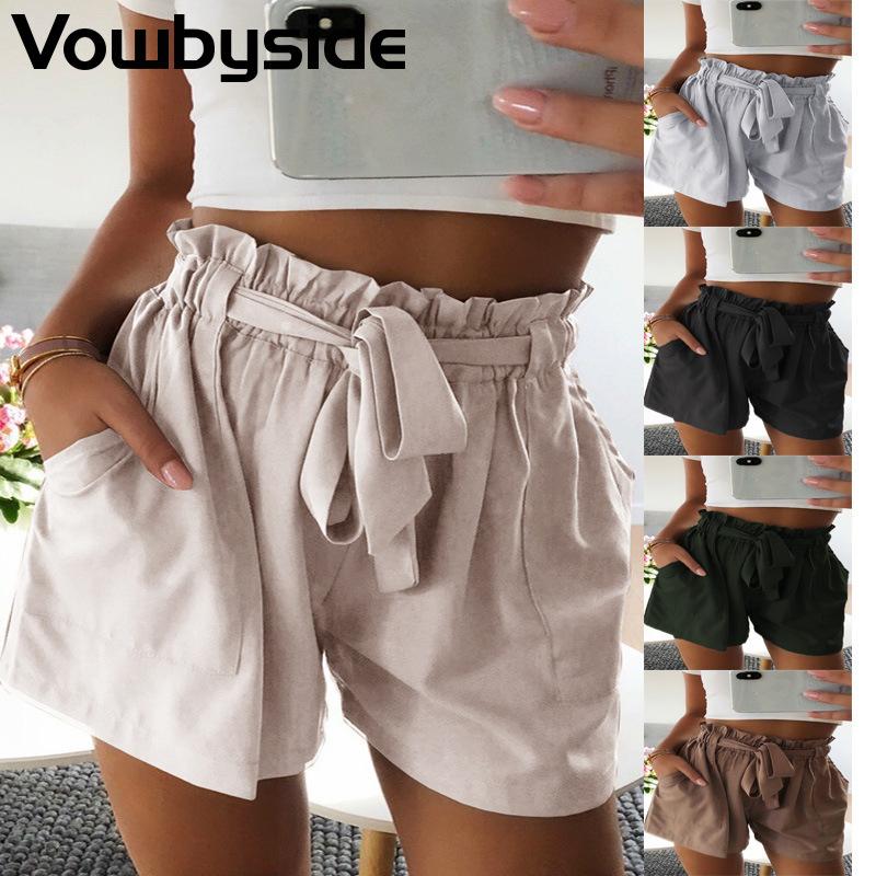 

Women' Shorts Summer Solid Color Frill Hem High Waist Lace Up Casual, Black