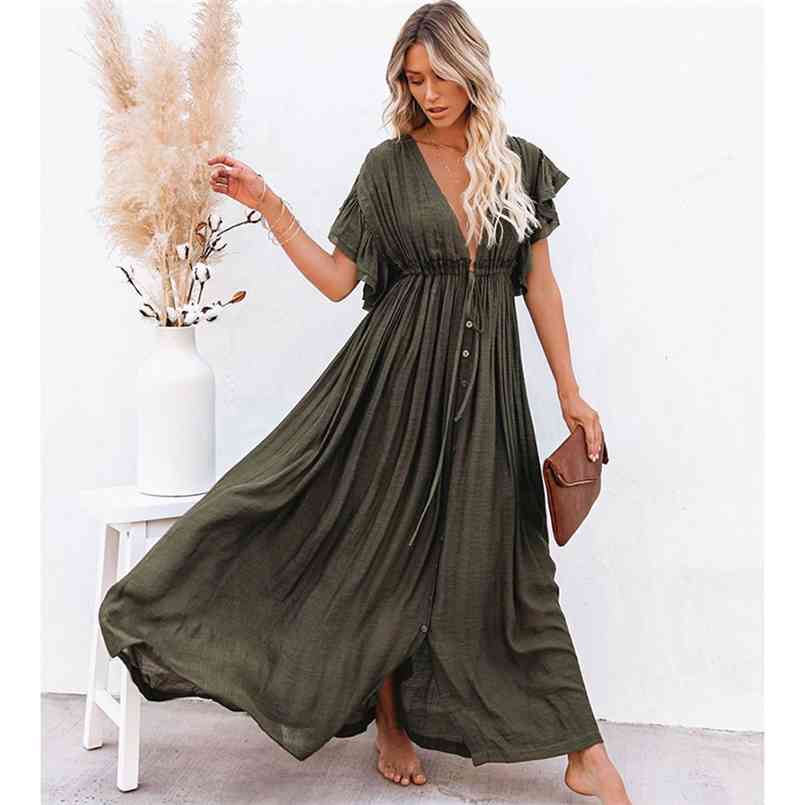 

Sexy Boho Dress Beach Cover up Kaftan Women Long wear Solid V neck Ladies Holiday Robe Plage Sarong Pareos 210722, Apricot