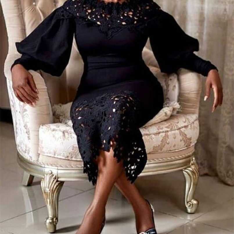 

Spring Autumn Summer Dresses For Women Recommend French Style Lace Long Sleeve Elegant Office Maxi Sexy Robe Wholesale 210525, Black