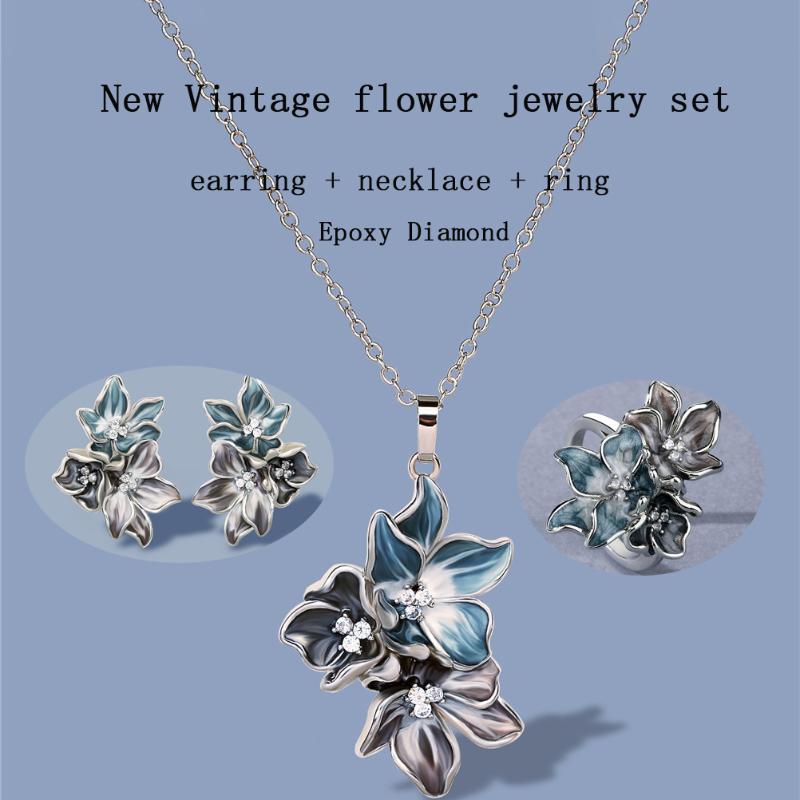 

Earrings & Necklace Classic Women's 925 Silver Jewelry Set Elegant Flower Shape Ring Handmade Wedding Bridal Women