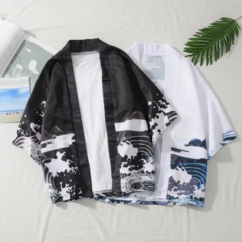 

Men's Casual Shirts Men Coat Shirt Wave Dragon 3/4 Sleeve Open Front Kimono Yukata Cardigan, White;black
