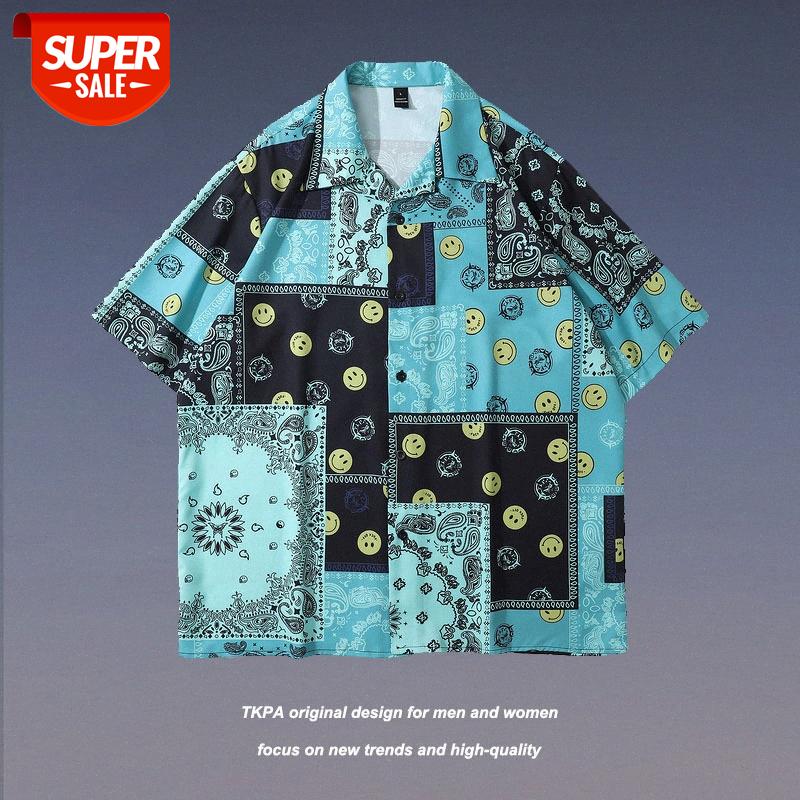 

TKPA cashew flower contrast shirt Japanese splicing casual half-sleeved retro flow printing jacket male hip-hop #f84Y, White;black