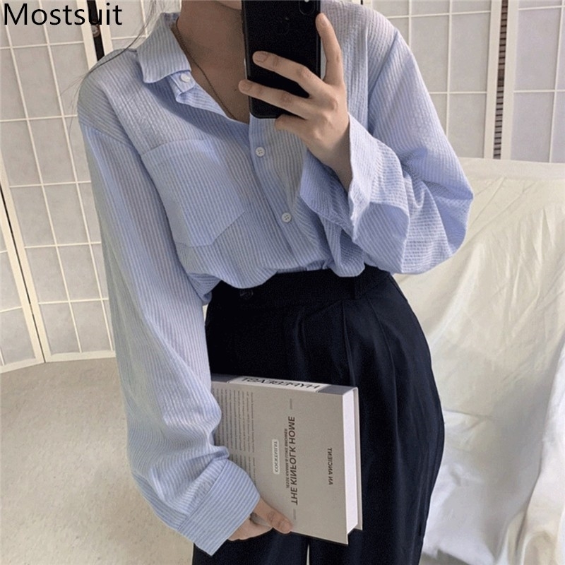 

Autumn Striped Korean Women Blouses Shirts Long Sleeve Turn-down Collar Casual Fashion Female Sunscreen Tops Blusas Mujer 210518, White