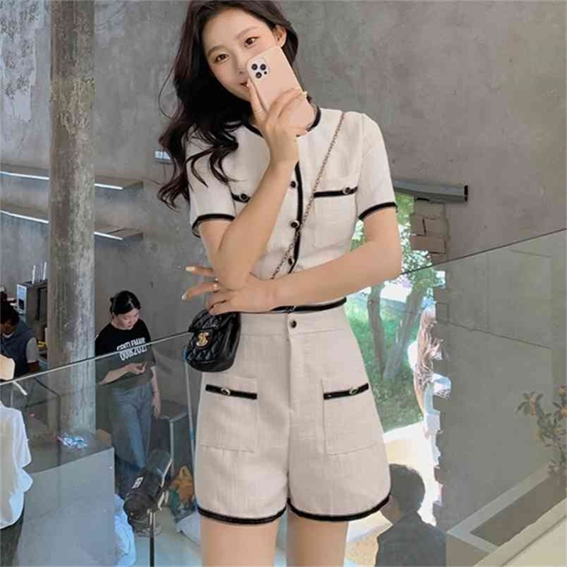 

Summer Temperament Small Fragrance Women Tweed O-Neck Short Sleeve Single-Breasted Crop Top + High Waist Shorts 2 Piece Sets 210519, White