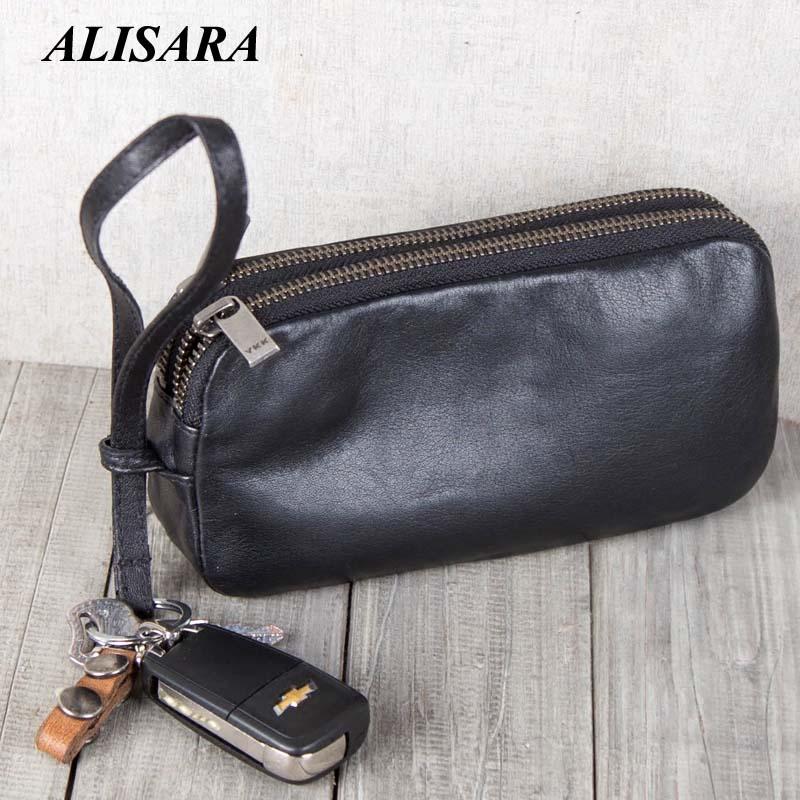 

Alisara Clutch Bag Male First Layer Cow Leather Top End Handmade Double Zipper Long Wallet Casual Phone Purse Wristband Keychain Wallets, Red;black