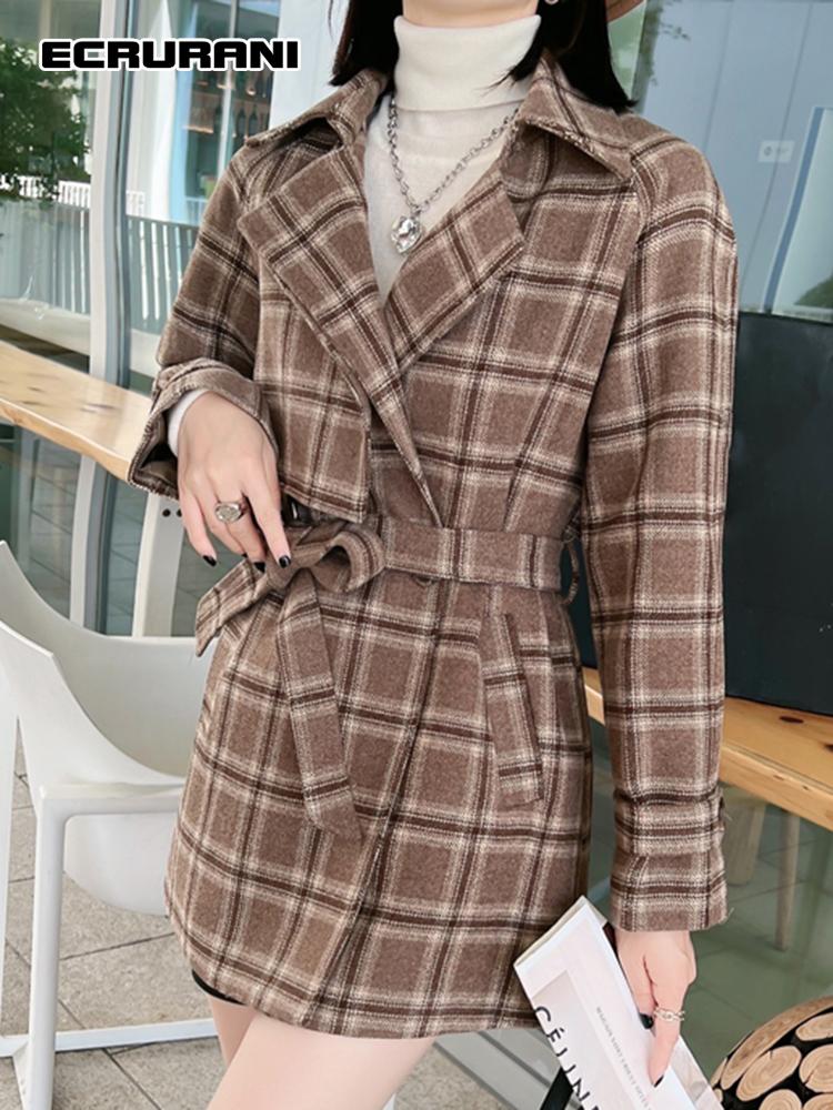 

Women's Trench Coats ECRURANI Korean Casual Gingham For Women Lapel Long Sleeve High Waist Colorblock Females Autumn Clothing 2021 Style, Tan;black