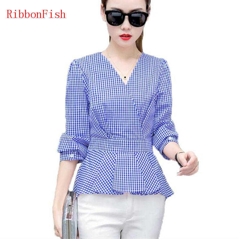 

Office Wear Women Summer Chiffon Blouses Shirts Lady Girls Casual Cross V-Neck Plaid Long Sleeve Blusas Plus Size DF1377 210609, Blue