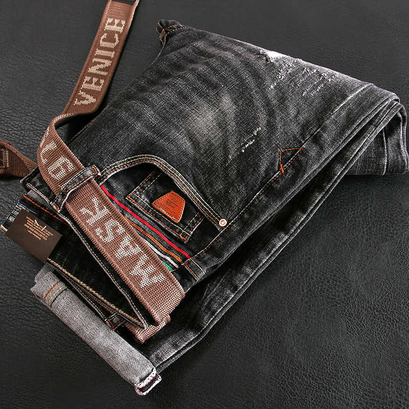 

European American Street Fashion Men Jeans Retro Black Gray Elastic Slim Ripped Vintage Designer Casual Denim Pants