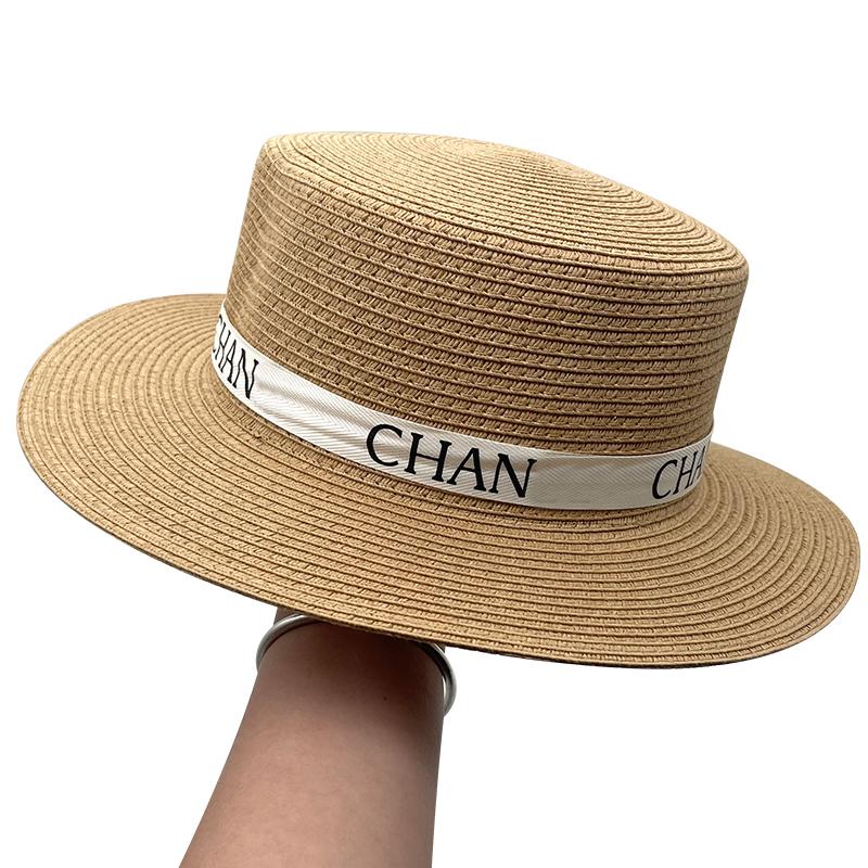

Summer Panama Designer Style Letter Strips Hand-woven Ladies Straw Hat High-quality Raffia Bucket Hats Wide Brim Cap, Blue;gray