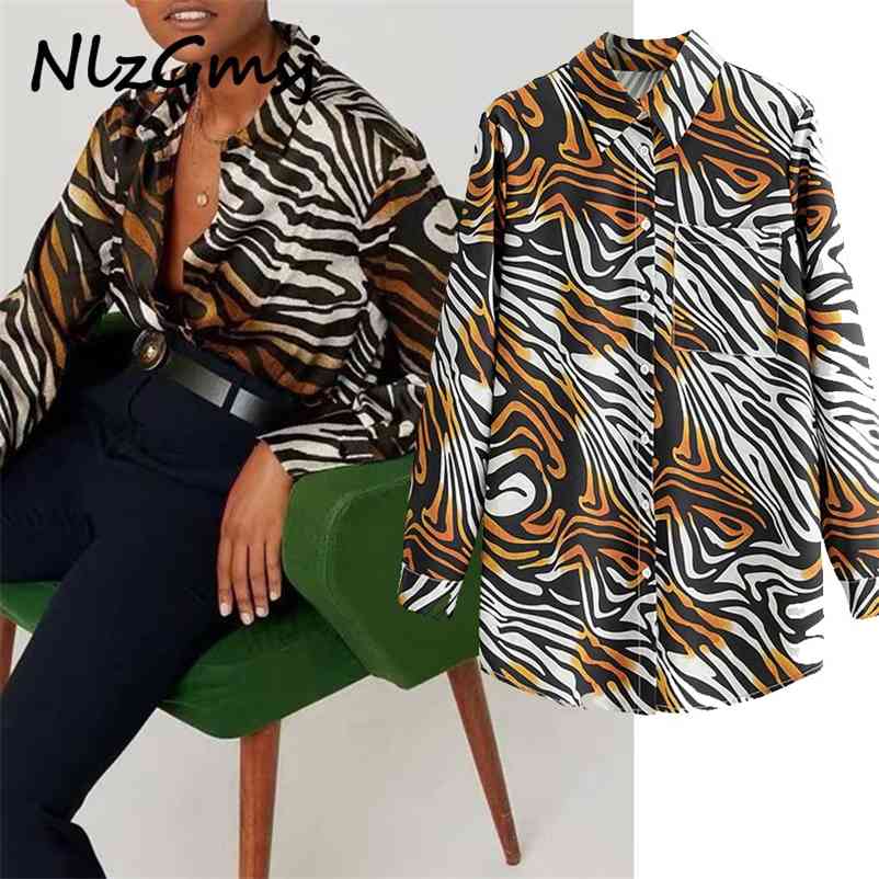 

Blouse Women Retro Oversized Animal Print Shirt Pocket Long Sleeve Chic Female Casual Loose Blusas 210628, As picture