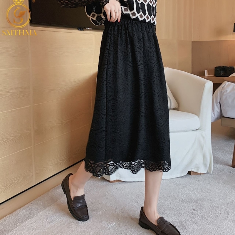 

Women Sexy Lace Hollow Out Transparent Skirt Korean Fashion Summer Ladies Elastic High Waist Black Mujer Faldas 210520, Photo color