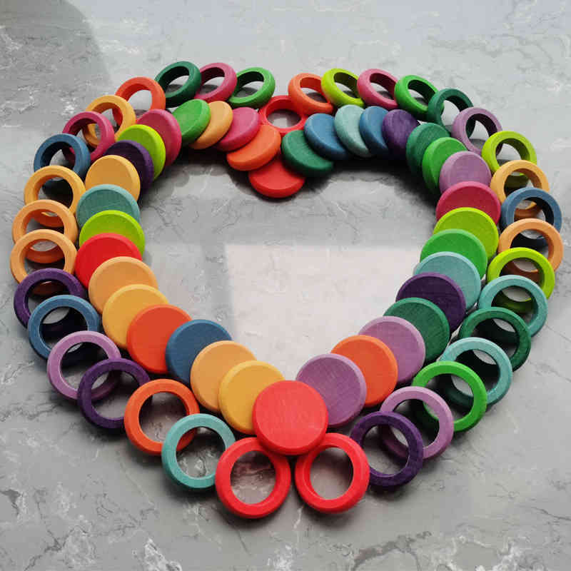 

Children's wooden toys, beech rainbow coins and rings, stackable Montessori toys, loose parts of nature, creative toys, 12 colors, 72
