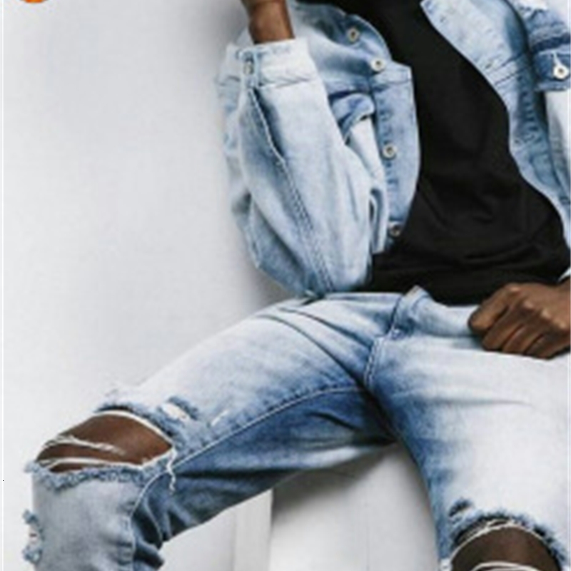 

jean fashion jeans knee zipper pierced korean wash slim fit men's, Blue
