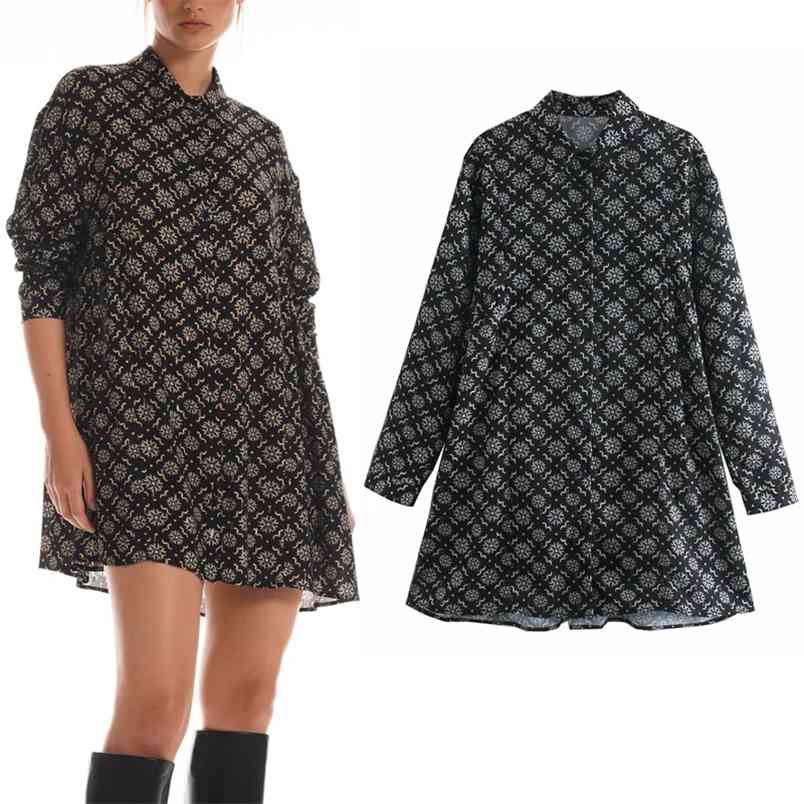 

Vintage Printed Black Shirt Dress Women Collared Long Sleeve Mini Woman Fall Button Up Loose Casual es 210519