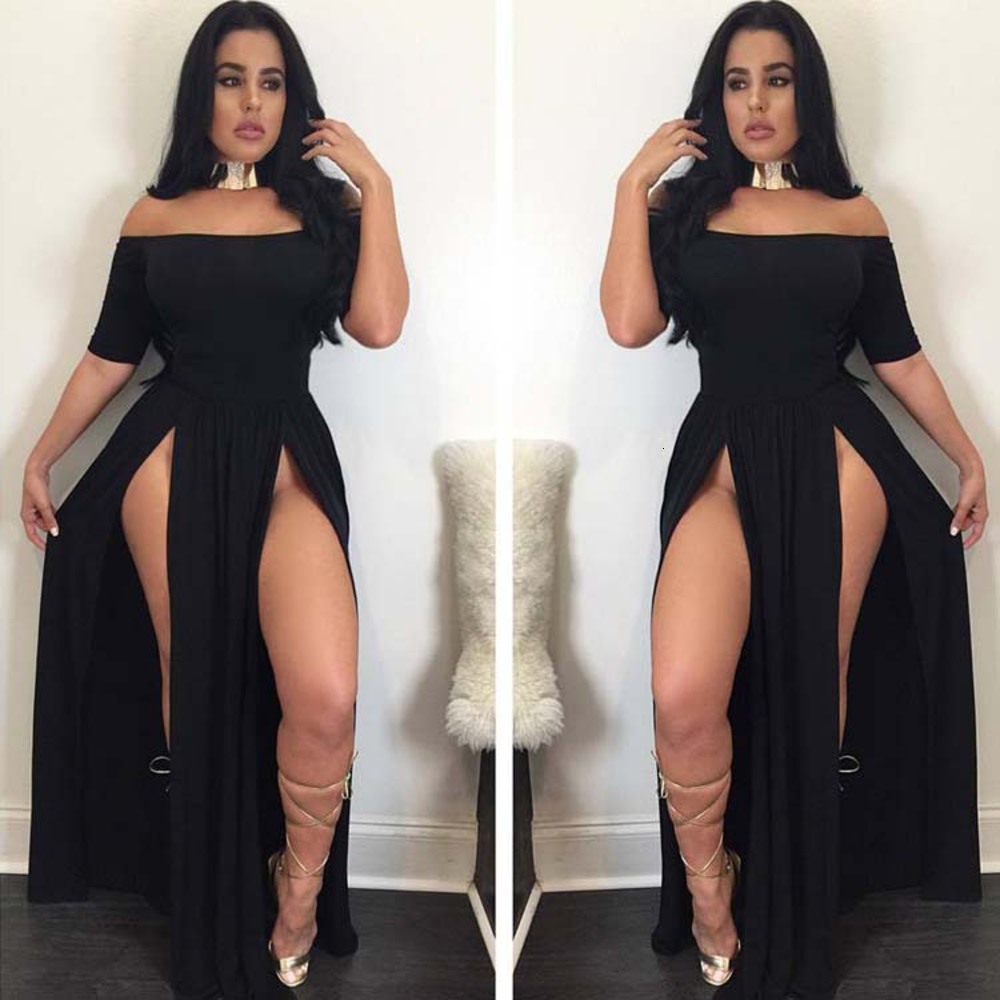 

One neck off shoulder short sleeve stretch tight off legs sexy nightclub women's high split bar party dress, Black;gray