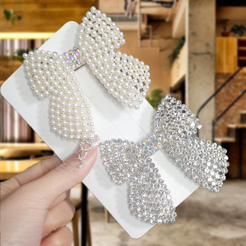 

Korean Full Crystal Pearl Bow Hairpin Bling Rhinestones Hair Clip For Women Girls Sweet Party Hair Barrette For Hair Accessories