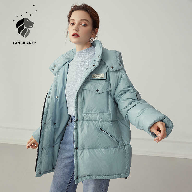 

FANSILANEN Graphene hooded autumn winter down coat Women wram light thermal puffer jacket Female casual blue parka 210607