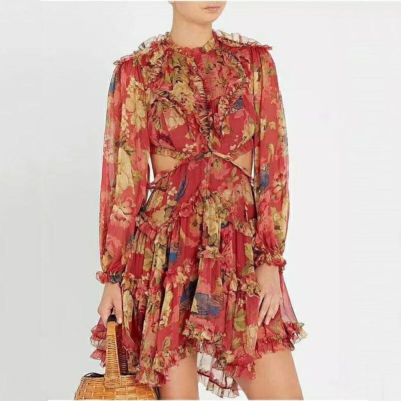 

Casual Dresses Women Fashion Silk Runway Designer Dress Ladies Flower Printing Sexy Backless Autumn Vocation Holiday Long SLeeve, As show