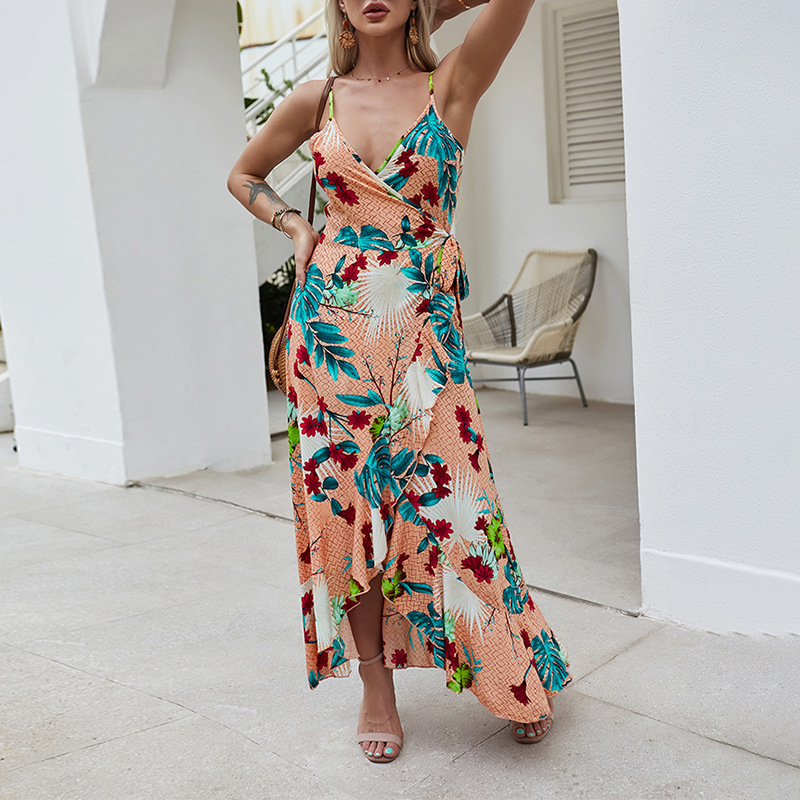 

Women long dress Summer V-Neck Spaghetti Strap floral printed bohe style Casual Women' Ankle-Length Dresses vintage female 210524, Coral