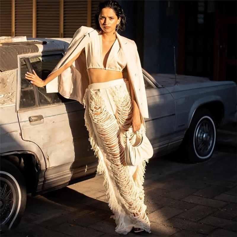 

Women' Pants & Capris Solid Knitted Straight Y2K Hipster Undefined Tassel Hollow Out High Waist Mid-Waist Trousers Street Woman Clothes, White