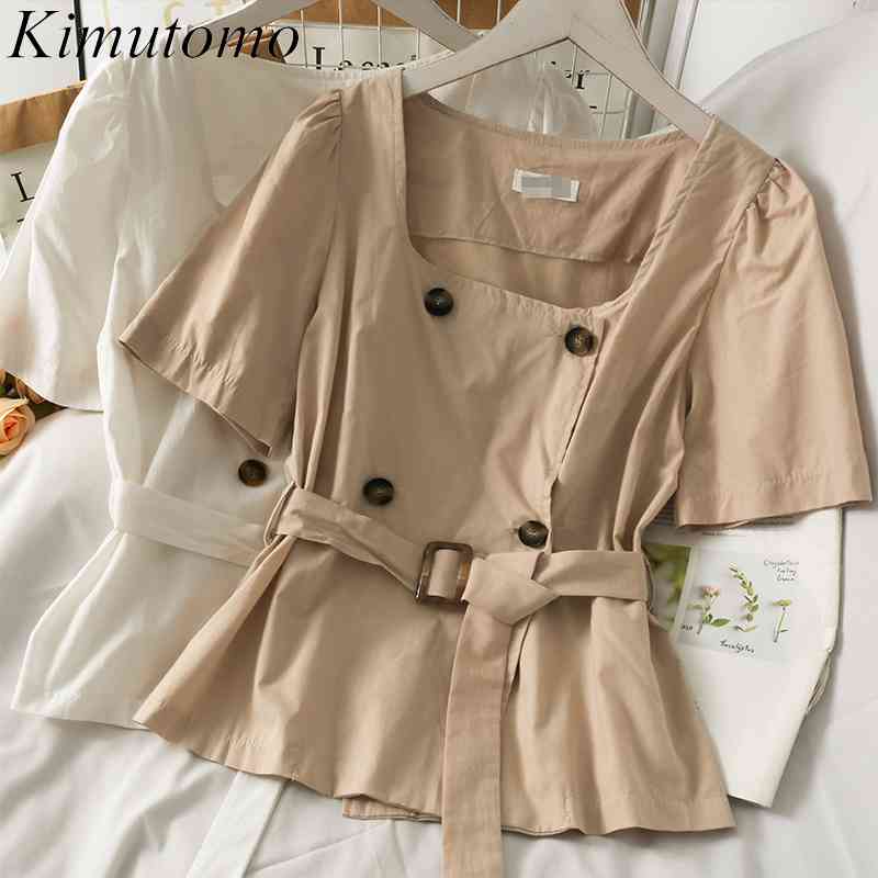 

Kimutomo Chic Square Collar Solid Blouse Women All Matching Short Sleeve Double Breasted Slim Waist Bandage Shirt Korean Fashion 210521, Black