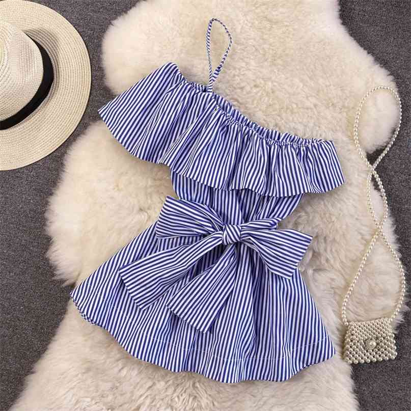 

Summer Women's Shirt Blue Striped Print Sash Tie Up Ruffles Blouse Sexy One Shoulder Strap Sleeveless Female Tops 210603