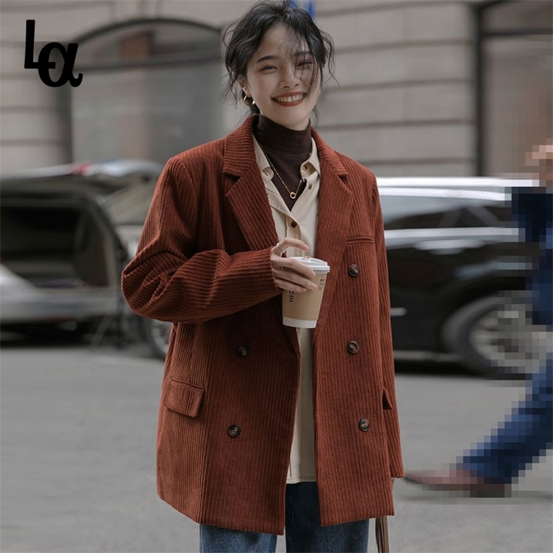 

Winter Corduroy Double Breasted Blazer Female Vintage Quilted Women Suits Autumn Lady Fashion Jacket 210519, Brown