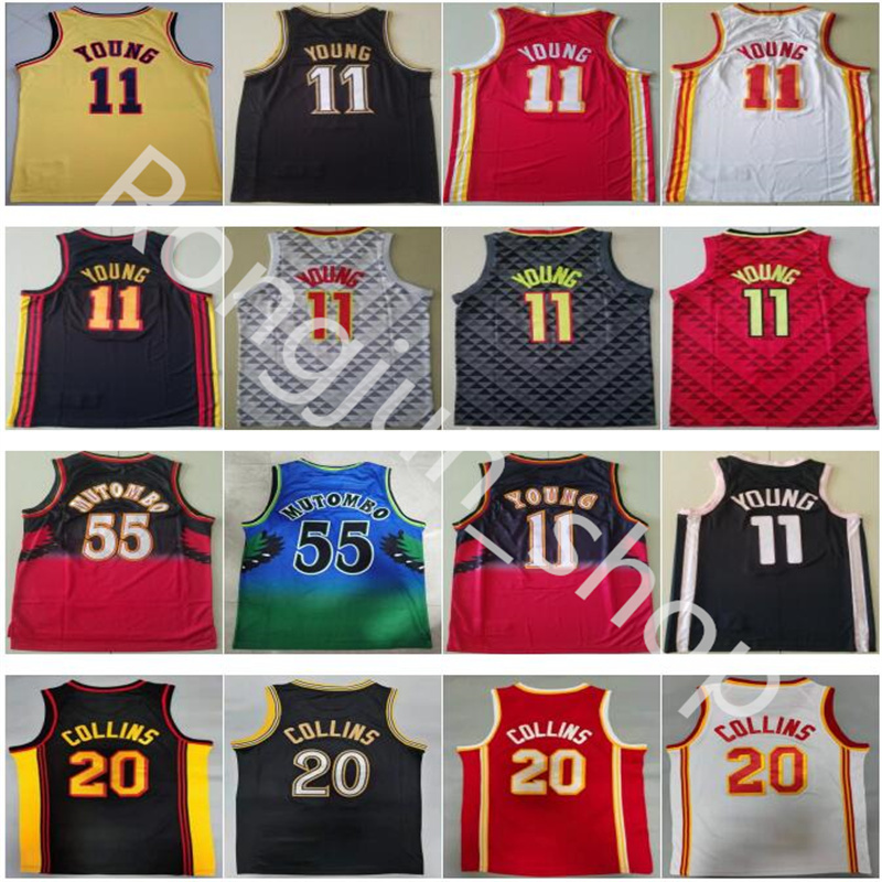 

2021 Mens John Collins 20 Trae Young 11 Dikembe Mutombo 55 Basketball Jersey Top Quality Yellow Black Red White Wholesale, As picture