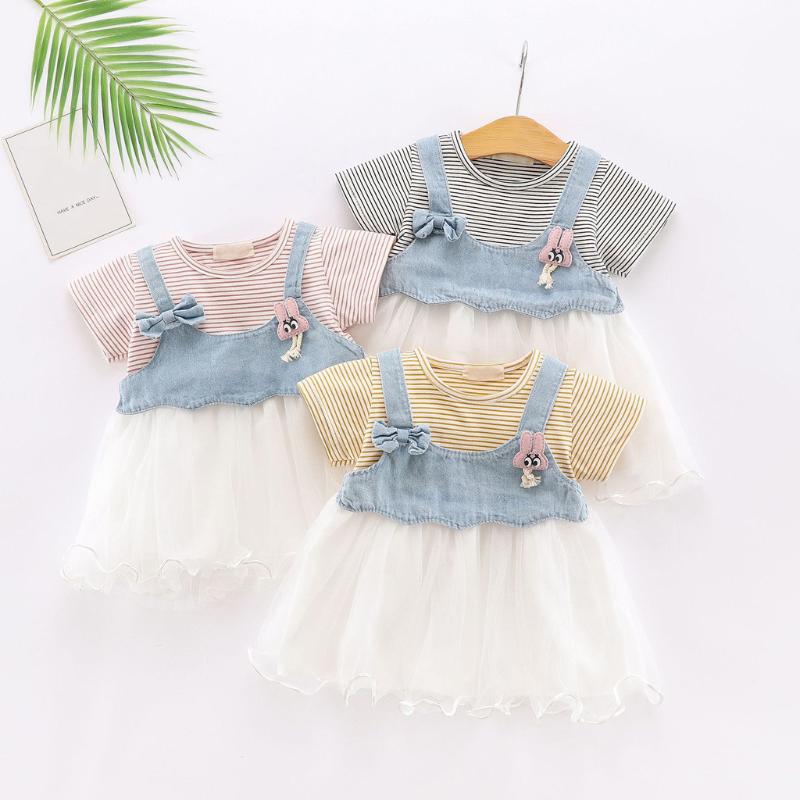 

Girl's Dresses Toddler Baby Kids Girls Dress Striped Bowknot Cartoon Mesh Stitching Denim Patchwork Fake Two-piece Princess Clothes, Red;yellow