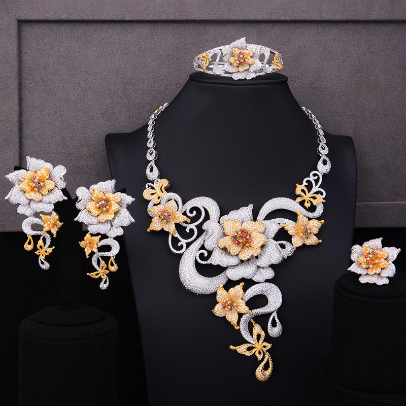 

Earrings & Necklace Blachette Exclusive Handmade Luxury Bangle Ring 4 PCS Women Full Cubic Zirconia Wedding Banquet Jewelry Set, As pic