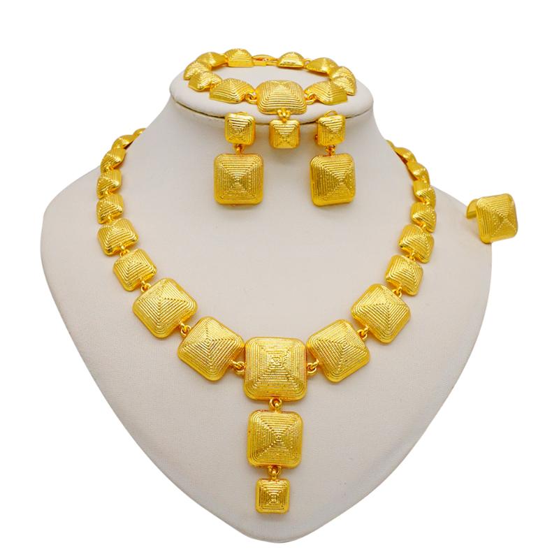 Boucles d'oreilles collier 24k or Dubai ensembles de bijoux ensemble de bijoux carrés pour les femmes cadeaux de mariage africains fête mariée Br