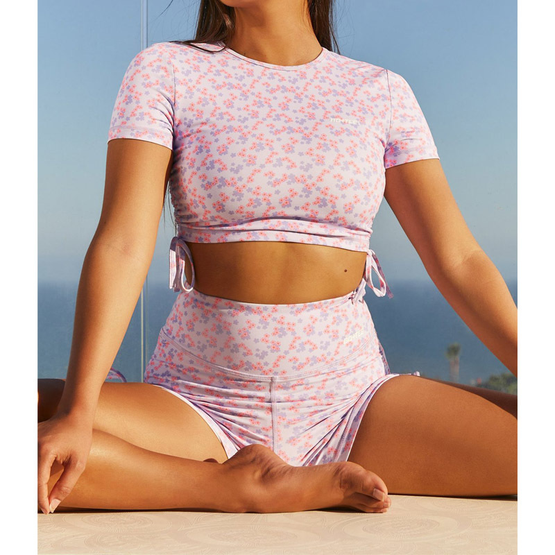 

Sexy Floral Print Tankini Shorts Sport Bandeau Swimsuit Short Sleeve Crop Top Summer High Waist Bikini Bathing Suit 210520, Green