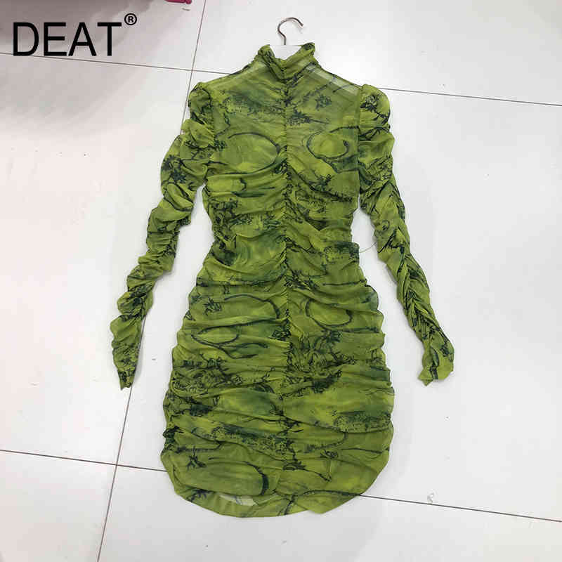 

Summer Fashion Street Long Sleeve Solid Color Temperament Hip-covered One-step Mesh Elastic Slim Dress Women SE565 210525, Green