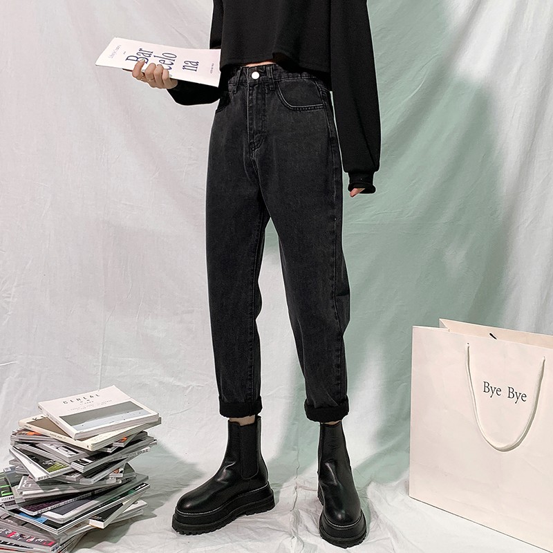 

GUUZYUVIZ High Waisted Jeans Woman Mom Loose Harem Pants Denim Plus Size Jeans Trousers Women Blue Grey Pantalones Vaqueros, Black grey