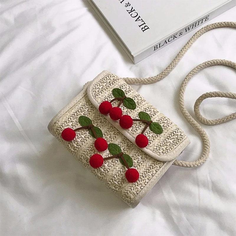 

Waist Bags Female Shoulder Bag Woman Summer Straw Weaving Messenger Ladies Sweet Cherry Beach Crossbody Small Square