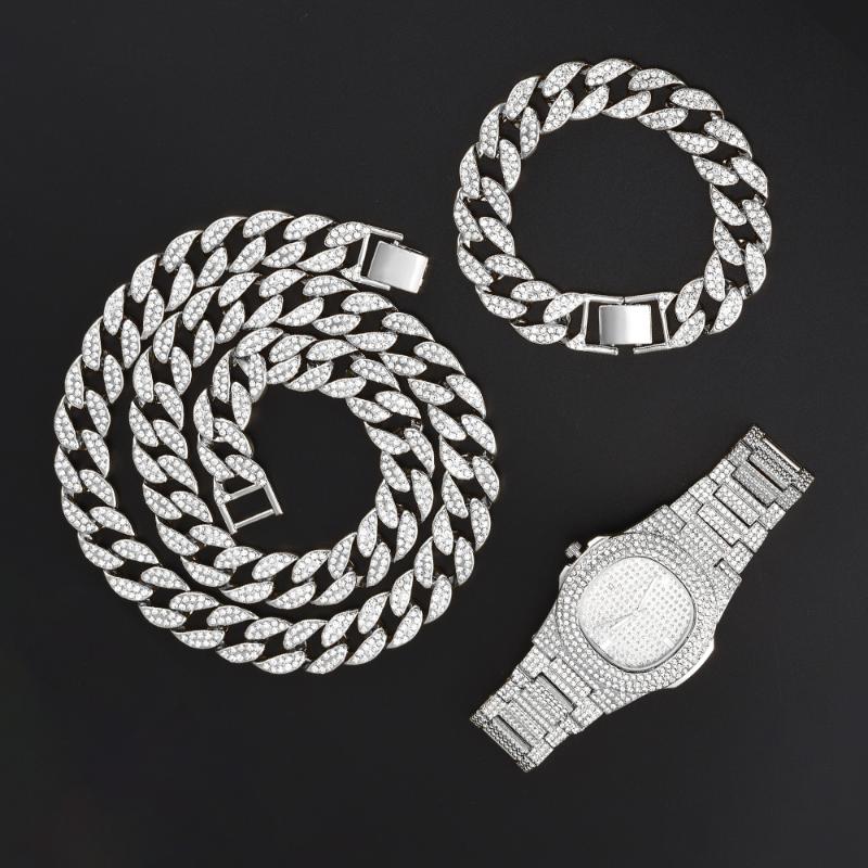 

Pendant Necklaces 15mm Necklace +Watch+Bracelet Hip Hop Miami Curb Cuban Chain Gold Iced Out Paved Rhinestones CZ Bling Rapper For Men Jewel