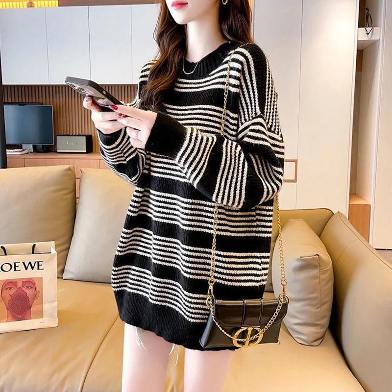 

Women's Vests Lazy Style Sweater Loose Outer Wear Autumn And Winter Fashion Medium Long Wool Dress Striped Top Thick, Black;white