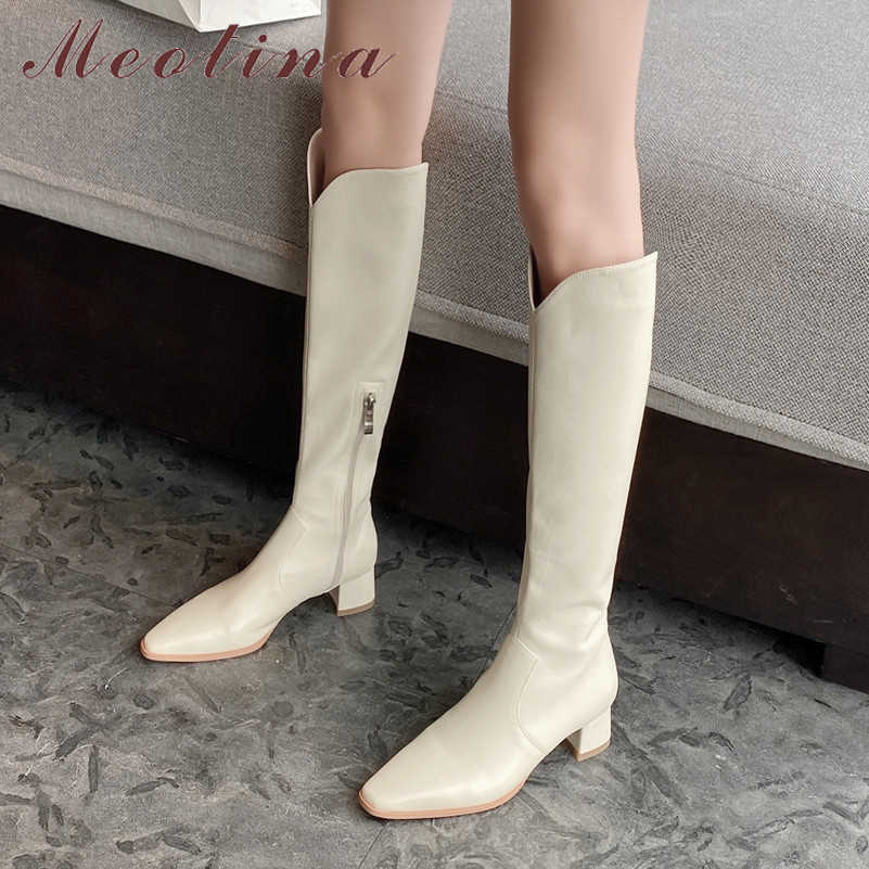

Meotina Women Knee High Boots Shoes Genuine Leather High Heel Western Boots Pointed Toe Block Heel Zip Long Boots Autumn Winter 210608, Black synthetic lin