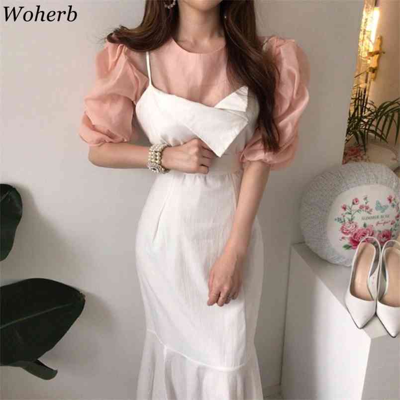 

Femme Roupas Ruffles Maxi Dreeses Irregular Vestidos Elegant Puff Sleeve Shirt Korean Suit Two Piece Set Women 210519