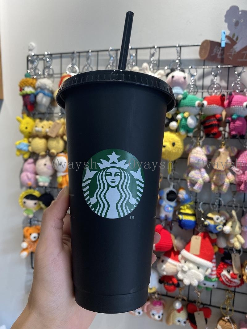 

5pcs Starbucks 24oz/710ml Plastic Tumbler Reusable Black Drinking Flat Bottom Cup Pillar Shape Lid Straw Mug