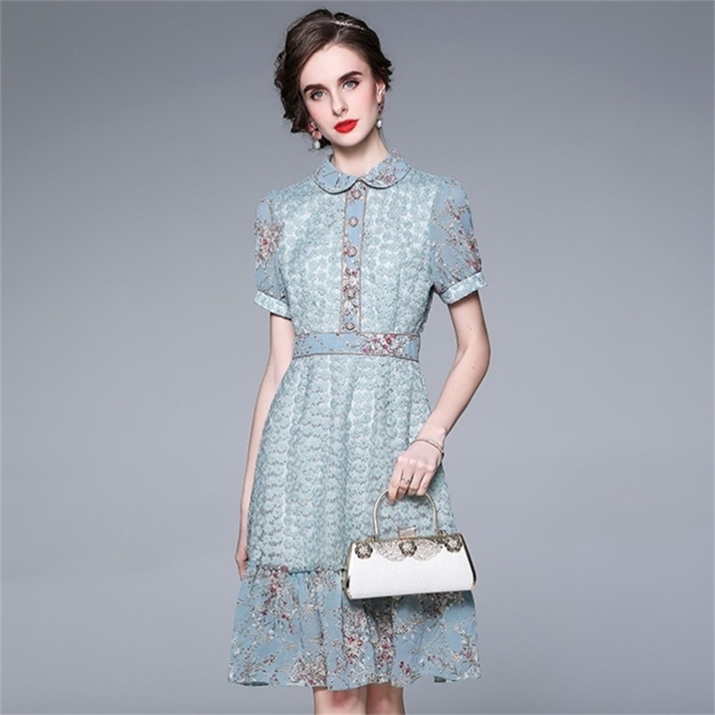 

Fashion Runway Summer Midi Dress Women Puff Short sleeve Gorgeous Mesh Flower Embroidery A Line Elegant Party Dresses 210603, Picture color