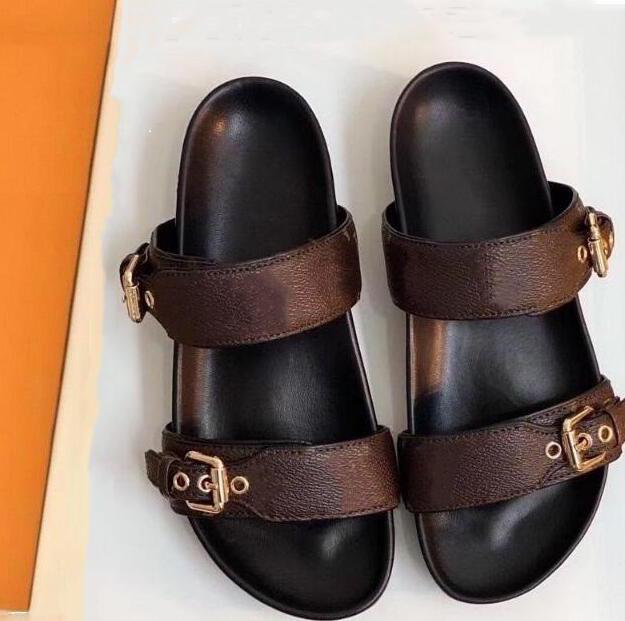 

The latest portable flats Slippers Slides 2 Straps with Adjusted Gold Buckles Genuine Leather Women Summer Sandals