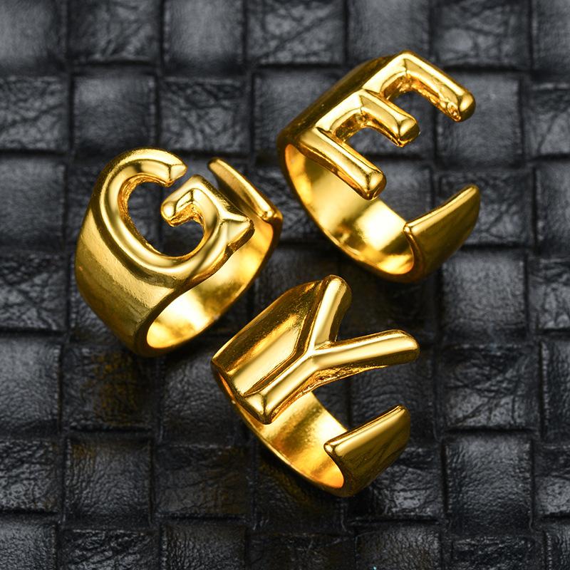 

Cluster Rings Hollow A-Z Letter Gold Color Stainless Steel Adjustable Open Ring Initials Name Alphabet Female Party Chunky Wide Trendy Jewel