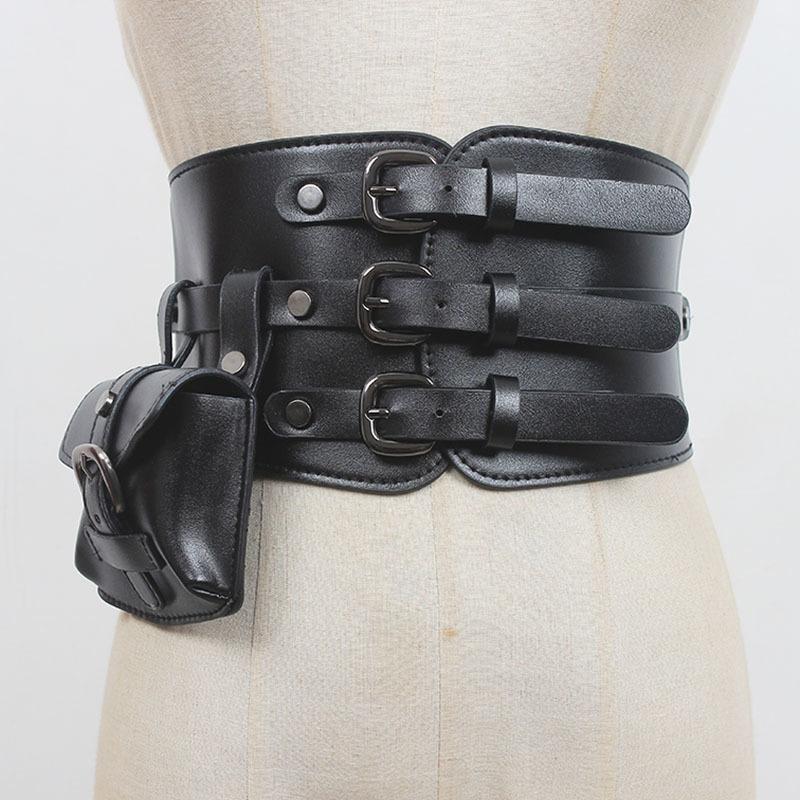 

Belts SeeBeautiful Three Row Metal Pink Buckle Small Bag PU Spliced Elastic Cloth Waist Seal Belt Women 2021 Winter Fashion G892, Black;brown